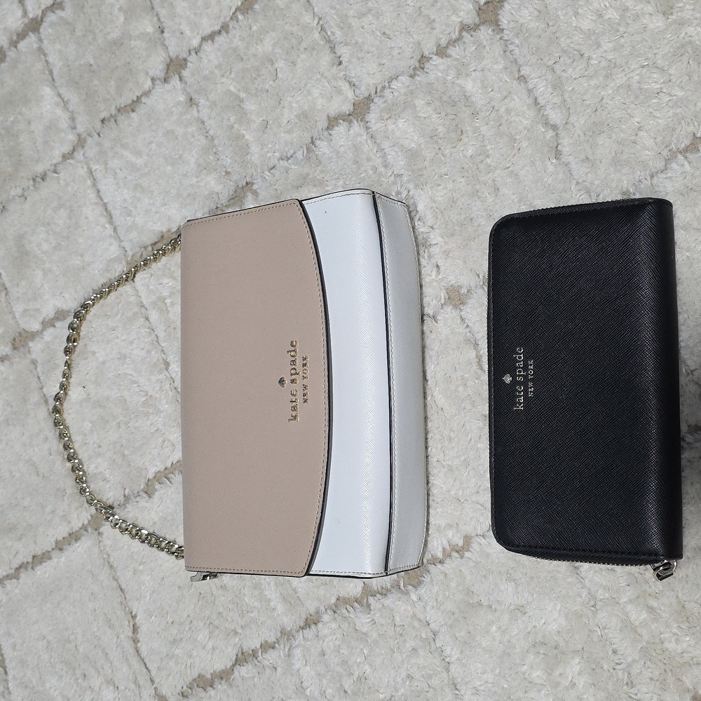 Kate Spade Tan and White Shoulder Bag with Gold Chain & Wallet Set